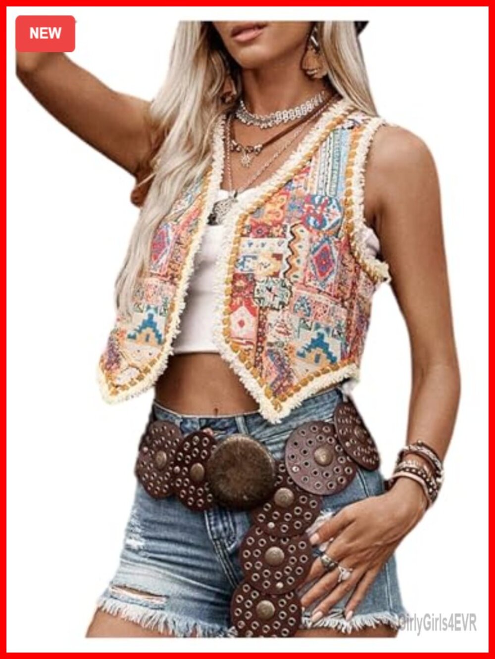 SHENHE Women's Boho Western Open Front Sleeveless Crop Vest Fringe Embroidered